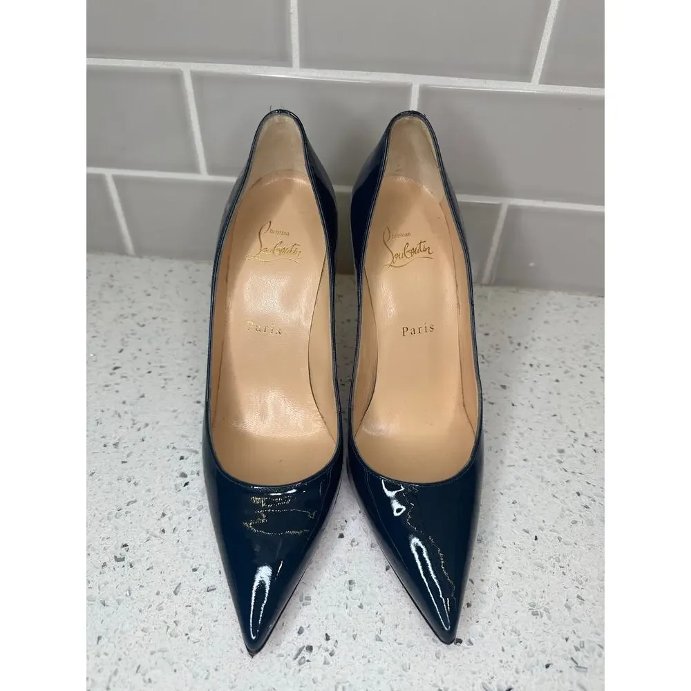 Christian Louboutin Navy Patent Leather Pointed-Toe Pumps - Size 38 (So Kate)